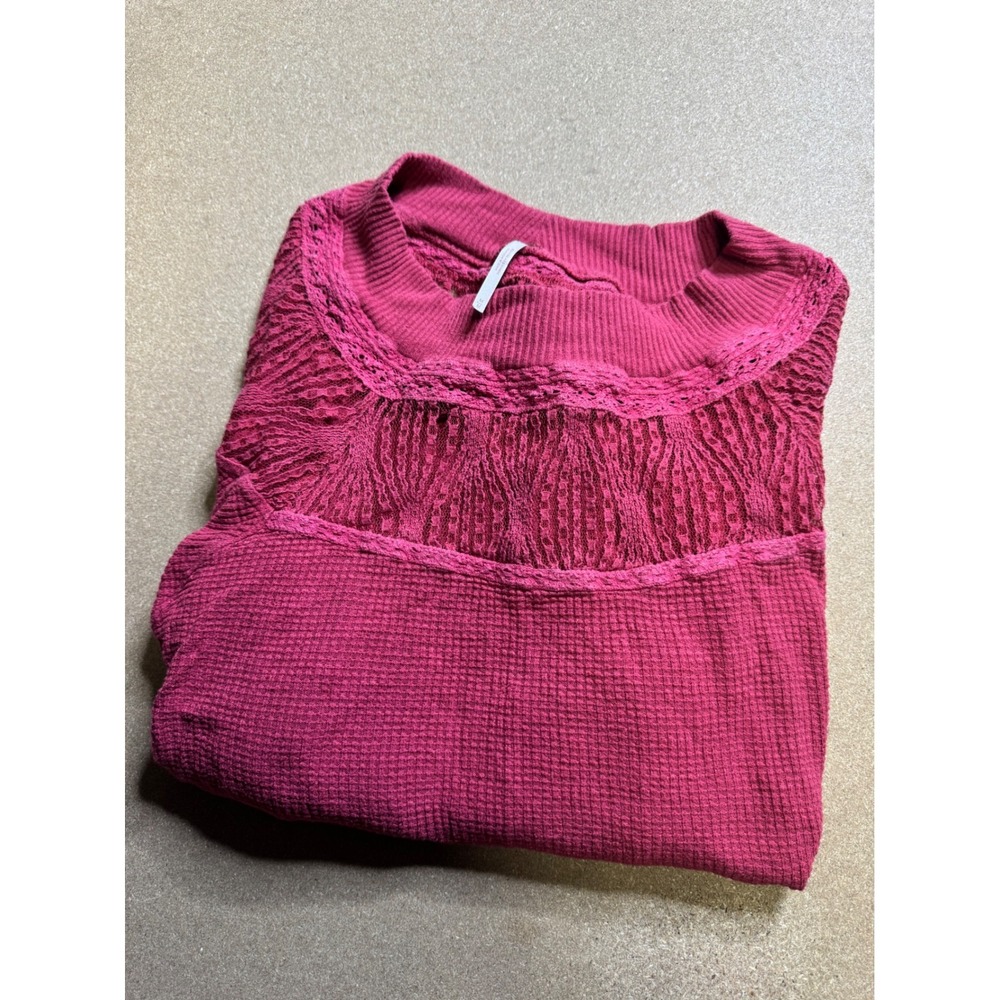 Free People Berry Pink Waffle Knit Crochet Lace Thermal Top Long Sleeve Womens M